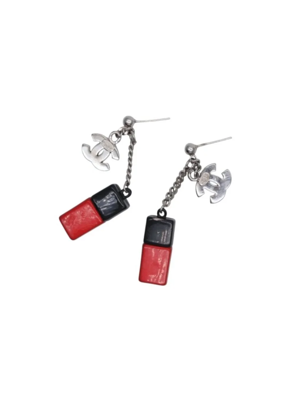 Chanel CC Logo Nail Bottle Earrings Black Red Silver Brass